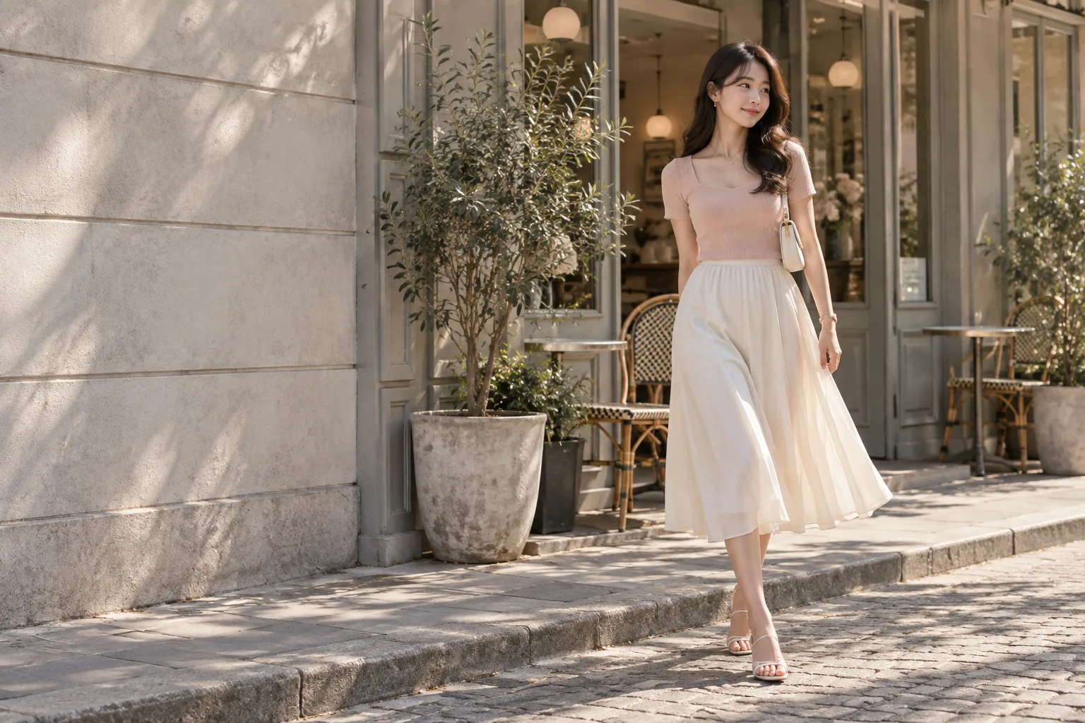 Adore Her campaign preview: pink summer top and ivory skirt on a sunlit street